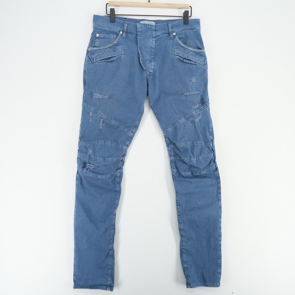 Pierre Balmain Moto Pants Mens Size 33 Blue Distressed Biker Denim Made in Italy - Picture 1 of 15